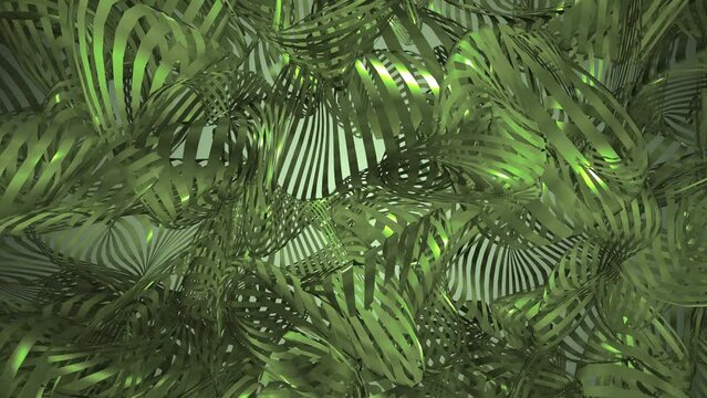 Animated summer background. Green jungle design made of stripes.Pattern of waves made of lines. Tropical forests. Leaves of trees. Smooth movement. Summer sales, discounts, business.