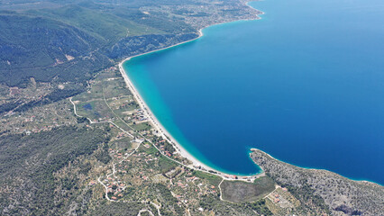 Aerial photo of famous sandy beach of Psatha in West Attica with emerald clear sea, Corinthian...