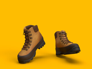 3d render two shoes going forward on yellow background, shoes style background concept