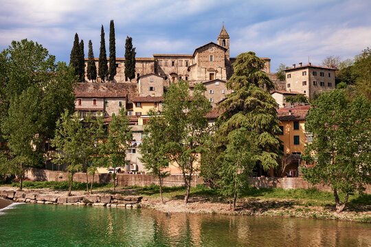 Cusercoli, Civitella di Romagna, Forli-Cesena, Italy - landscape of the ancient village on the river bank with the medieval castle and the church on the hill top
