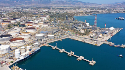 Aerial drone photo of Hellenic Petroleum and crude oil industrial Site of Elefsina, Attica, Greece