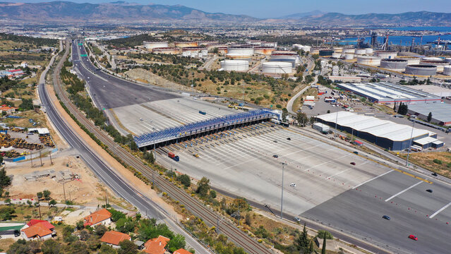 Aerial drone photo of National Road of Athens to Corinth toll station in Elefsina, Attica, Greece