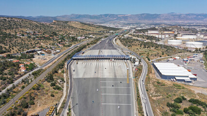Aerial drone photo of National Road of Athens to Corinth toll station in Elefsina, Attica, Greece