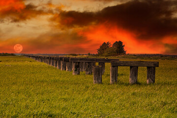 abandoned rail trestle in wetlands with moon setting and sunset clouds