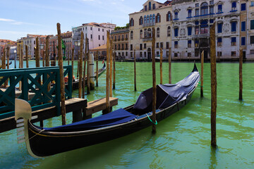 Fototapeta na wymiar Gondola moored along the grand canal in Venice