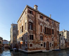 Venice, Fondamenta de la Misericordia, a colorful and picturesque building in decline
