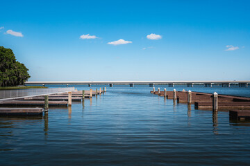 Fototapeta na wymiar Lake Harris boat docks at Hickory Point Recreation Park in Tavares, Florida
