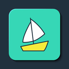 Filled outline Yacht sailboat or sailing ship icon isolated on blue background. Sail boat marine cruise travel. Turquoise square button. Vector