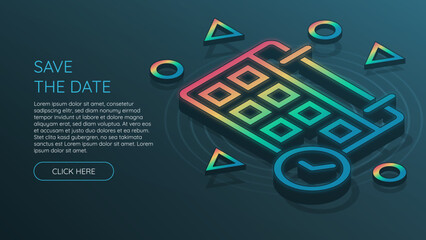 Isometric Save The Date with rainbow gradient on blue background. Extended with different shapes