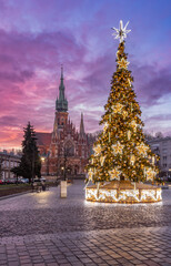 Krakow, Poland, Christmas tree on Podgorze Square and St Joseph church