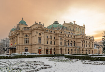 Fototapeta na wymiar Krakow, Poland, XIXth century city theater in the snow