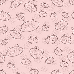 Doodle cats faces seamless pattern on spotted background. Perfect for T-shirt, textile and print. Hand drawn vector background for decor and design.
