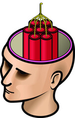 A woman's head with a bundle of firecrackers or dynamite.