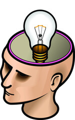 A woman's head with an incandescent light bulb.