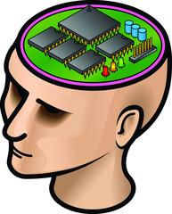 A woman's head with a computer circuit board.