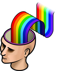 A woman's head with a rainbow ribbon.