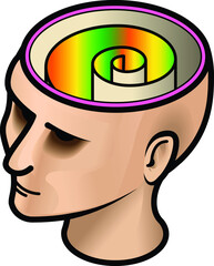 A woman's head with a rainbow spiral.
