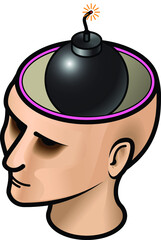 A woman's head with a black bomb and a lit fuse.
