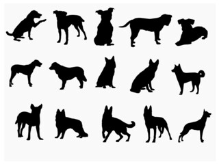 Standing Dog Silhouette Icons set of big dog in basic poses (sit, lie, profile, stand, front, back, eat), vector isolated on white background .EPS