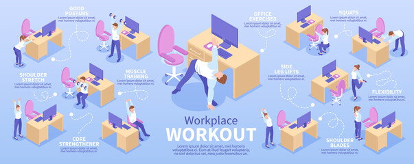Isometric Colored Workplace Workout Infographic - obrazy, fototapety, plakaty