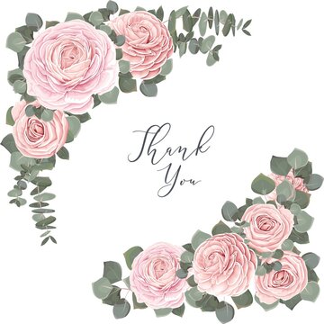 Vector elements for design. Set of floral triangles. Pink roses, eucalyptus. 