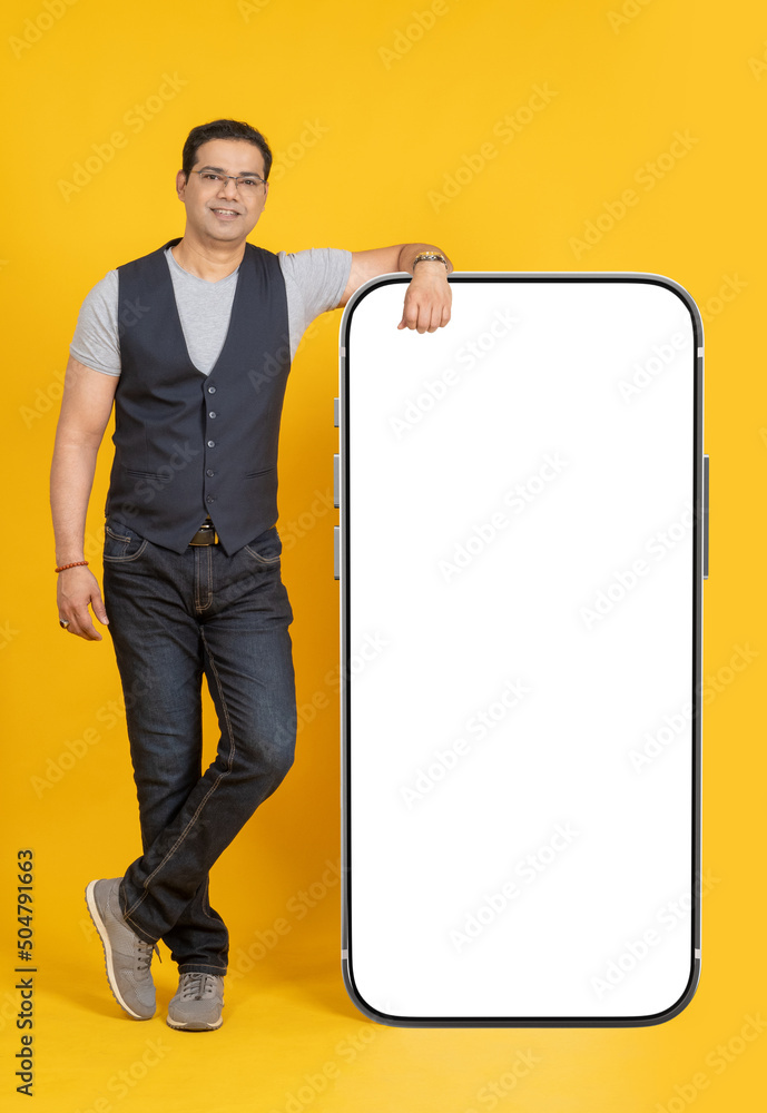 Poster application recommendation. man with big phone. smartphone with blank white screen. mock up phone on