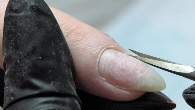 Pruning at the nail cuticle with manicure scissors. Hardware combined manicure.