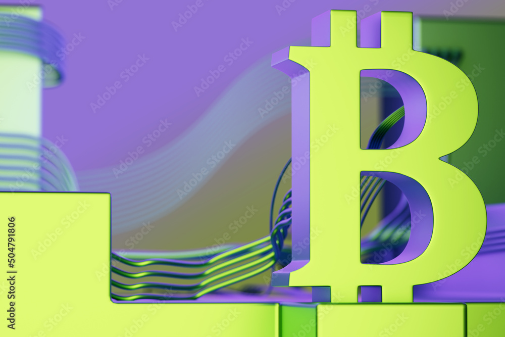 Poster bitcoin technology. blockchain mining system in computer. bitcoin logo green. wires as symbol of blo