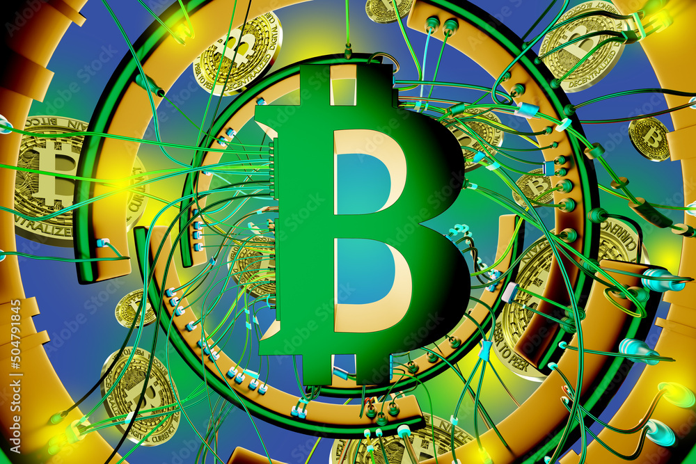 Poster bitcoin background. futuristic background with cryptocurrency logos. blockchain money with green wir
