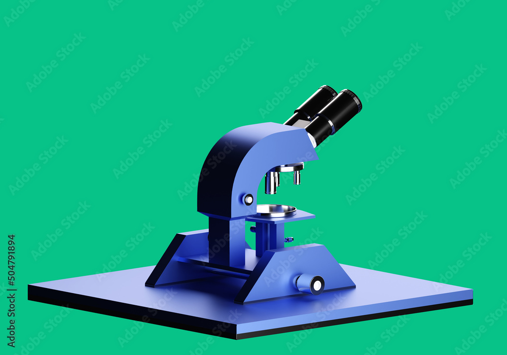 Poster laboratory microscope. pharmaceutical instrument. magnifying tool for microbiologist. symbol of scie