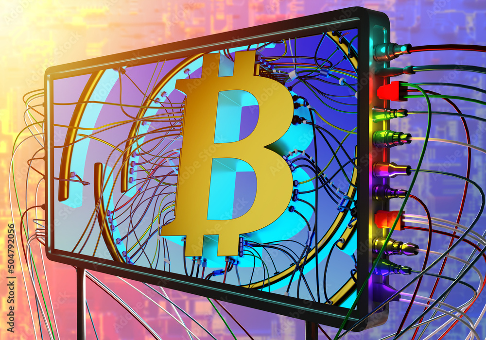 Poster bitcoin security. btc label with many wires. bitcoins motherboard display. cryptocurrency logo. bitc