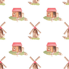 Farm Buildings Watercolor Seamless Pattern - Gardening Pets Houses Eco Ranch Mill House Goose