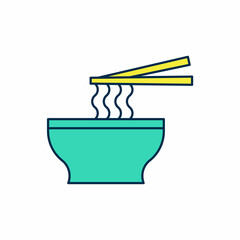 Filled outline Asian noodles in bowl and chopsticks icon isolated on white background. Street fast food. Korean, Japanese, Chinese food. Vector