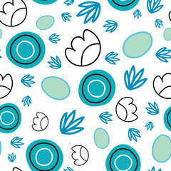 Hand drawn ornamental abstract background. Blue circles and floral elements on white background.