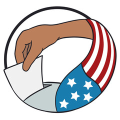 Button with brunette hand voting with American flag, Vector illustration