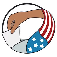 Zelfklevend Fotobehang Button with brunette hand voting with American flag, Vector illustration © Penwin
