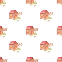 Farm Animals Watercolor Seamless Pattern - Gardening Pets Houses Eco Ranch