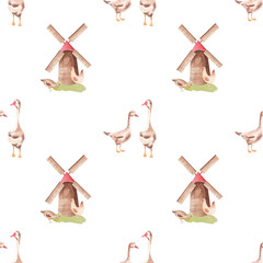 Farm Animals Watercolor Seamless Pattern - Gardening Pets Houses Eco Ranch