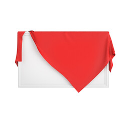 Red cloth covers picture frame on a white background. 3d illustration