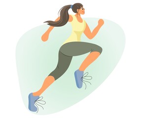 Fototapeta na wymiar Pretty young girl runs towards the goal. Sportswoman while running. Female character running, doing fitness. Vector isolated illustration of modern design of active healthy lifestyle in flat style.