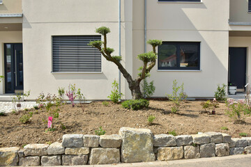 Moderne Vorgartenanlage/Ziergarten in Schottersubstrat mit Zierpflanzen aus der Gärtnerei