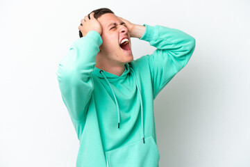 Young brazilian man isolated on white background stressed overwhelmed