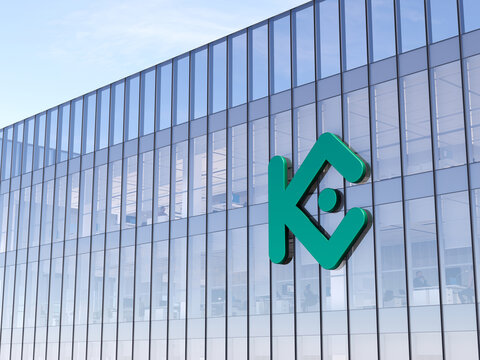 Mahé, Seychelles. May 2, 2022. Editorial Use Only, 3D CGI. KuCoin Signage Logo on Top of Glass Building. Workplace Crypto Exchange Office Headquarters.
