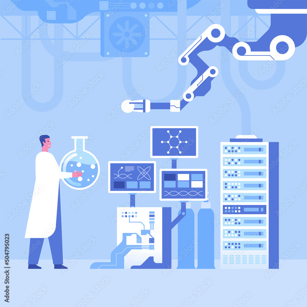 Poster automated scientific laboratory interior with robotic technology scientists analyses data of researc
