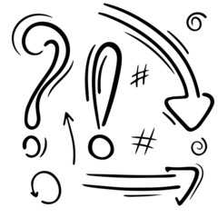 character set - question mark, exclamation mark, arrow, hashtag, vector isolated element in doodle style, black outline, white background