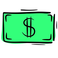 green dollar bill, paper banknote, money, vector isolated element in doodle style, black outline, white background, colored business doodles