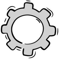 round gray gear, settings icon, vector isolated element in doodle style, black outline, white background, colored business doodles
