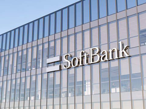 Minato City, Tokyo, Japan. May 2, 2022. Editorial Use Only, 3D CGI. SoftBank Group Signage Logo on Top of Glass Building. Workplace Multinational Conglomerate Company Office Headquarters.