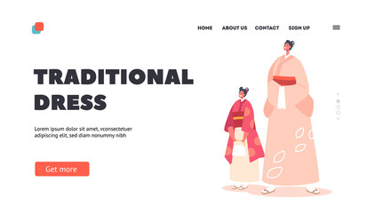 Traditional Dress Landing Page Template. Asian Female Fashion Concept. Positive Characters Wear Kimono Clothes