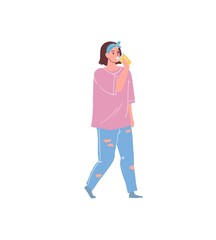 Vector cartoon flat woman character in stylish outfit walk with coffee cup on empty background-fast food industry,trendy collection and fashion lifestyle concept,web site banner ad design